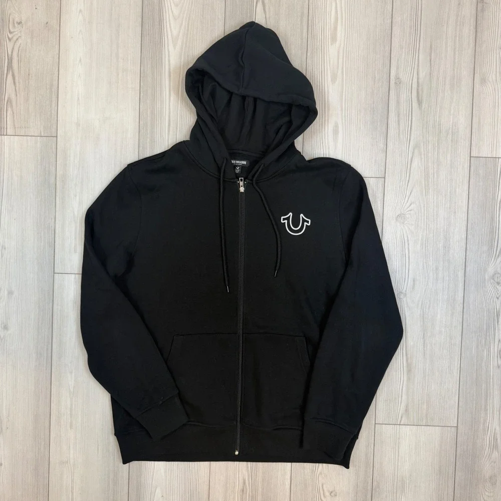 True Religion Mens Old Skool Zip Hoodie Black Fleece Graphic Sweatshirt XL
